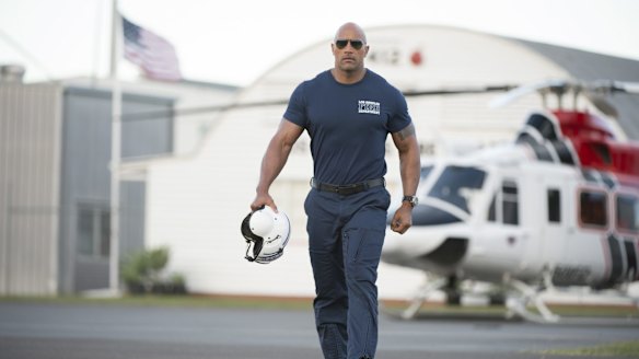Dwayne Johnson at the CareFlight hangar on the Gold Coast.