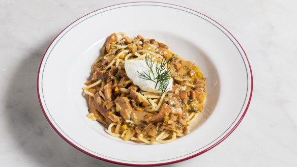 House-made spaghetti with braised pine mushrooms and goat's curd.