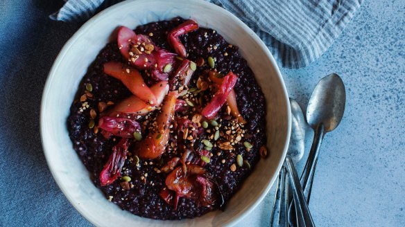 Black rice porridge with stewed fruit at Three Blue Ducks.