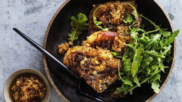 Lamb chops with onion, mustard and garlic vinaigrette.