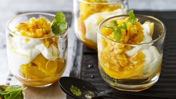 Mango lassi parfait with honey and cardamom granita.