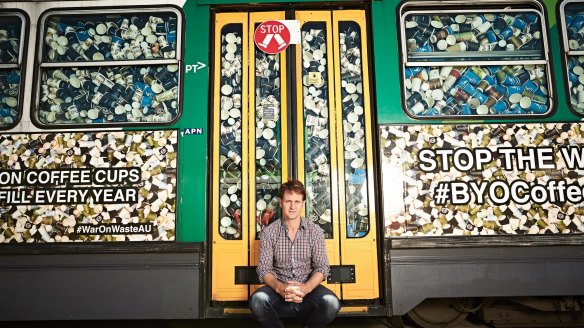 This A-class tram - stuffed with more than 50,000 takeaway coffee cups - represents what Australians send to landfill every half-hour.