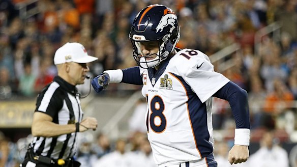 NFL veteran Peyton Manning celebrates a touchdown during the Super Bowl.