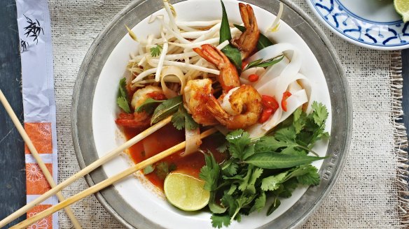 Tom-yum-ish tomato, prawn and lemongrass laksa.