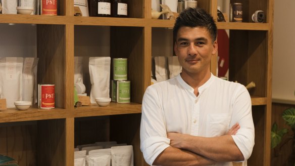 Fuminori Bun Fukuda has a wall of shelves devoted to green tea.