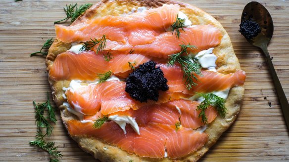 Smoked salmon and caviar pizza.