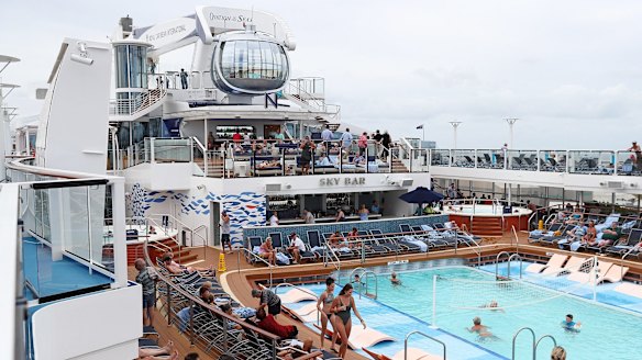 One of many pools on the pool deck of Royal Caribbean's 374-metre long Ovation of the Seas, which is the largest cruise ship in Australia.