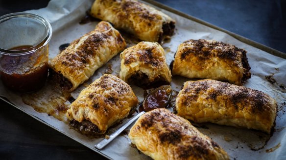 Bloody mary sausage rolls with vodka-spiked relish.