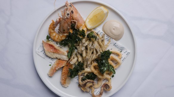 Fritto misto mare is a lovely mix of deep-fried whitebait, prawn, calamari and whiting.