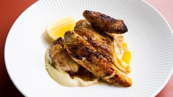 Crisp-skinned, corn-fed chicken on a smooth eggplant puree is a prize order.