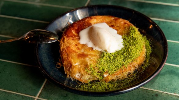 Knafeh with goat's cheese, pistachio and labne ice-cream. 
