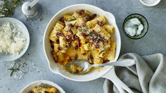 Rigatoni with pumpkin cream, rosemary and bacon.