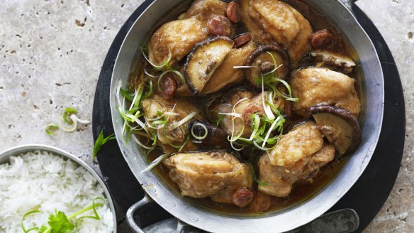 Steamed chicken with shiitake mushrooms and Chinese sausage.