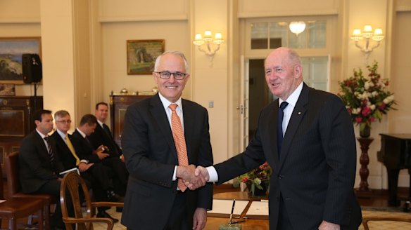 Prime Minister Malcom Turnbull with the Governor-General, Sir Peter Cosgrove, after the swearing in ceremony on Friday.