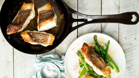 A delicious crispy skinned snapper recipe served with macadamia cream and asparagus.