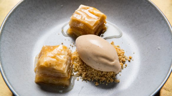 Baklava and praline dessert.