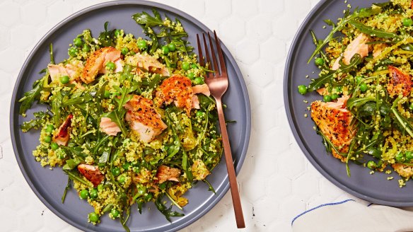 The ingredients for Marley Spoon's salmon pea lemon couscous come packed in sturdy brown paper bags.