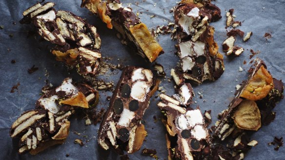 Adults-only rocky road with licorice, pear and mukhwas spice mix.