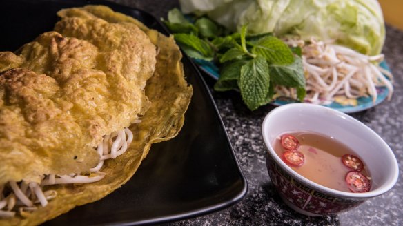 Pho Pasteur's banh xeo – Vietnamese crispy pancakes with mint, sprouts and lettuce.