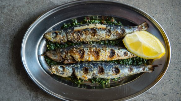 Grilled sardines with salsa verde.