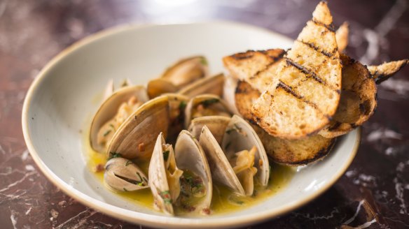 Cloudy Bay clams with smoky bacon and grilled sourdough.