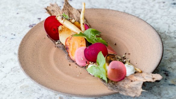 Pickled and baked heirloom carrots, radish, jicama and golden beetroot.