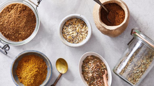 Clockwise from top left: Five-spice powder; everything spice; garam masala; Italian seasoning; Cajun/Creole seasoning and ras el hanout.