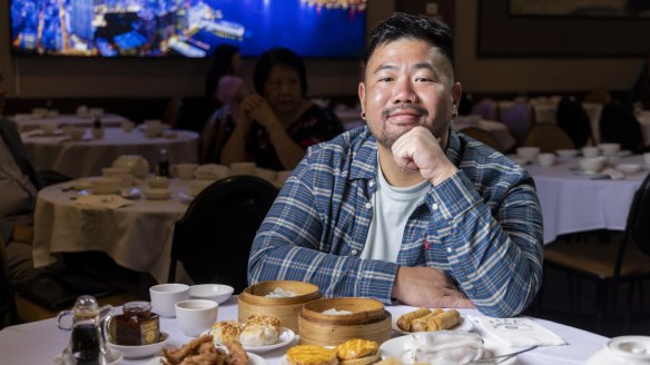 Chef Esca Khoo of Miss Mi restaurant in Melbourne with a spread of yum cha from Shark Fin Inn, his favourite hangover cure.