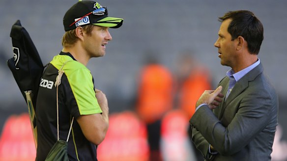 Shane Watson of the Thunder with former test captain turned Big Bash commentator Ricky Ponting.