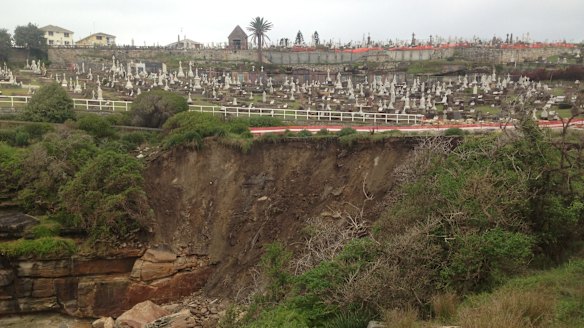 Sunday's wild weather has taken a 50-metre-wide bite out of the Bronte coastline below the Waverley Cemetery. 