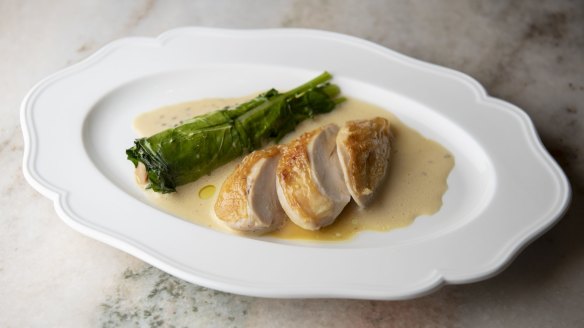 Roast Bannockburn chicken with gai laan, mushrooms duxelles and kombu butter sauce.