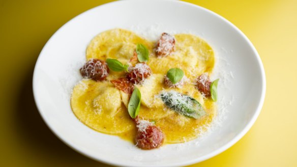 Ricotta ravioli with cherry tomatoes. 