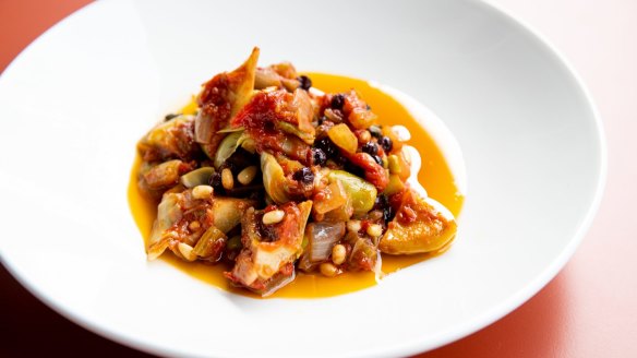 Globe artichoke and broad bean caponata is an agrodolce mess of spring flavours.
