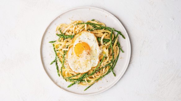 Asparagus, fried egg, brown butter, walnut from Elizabeth Hewson's new cookbook.