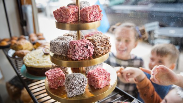 Classic and Davidson's plum jam lamingtons at Phillippa's bakery-cafe in Armadale.