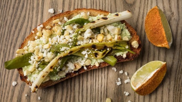 Grilled corn and spring onion toast with coriander crema.