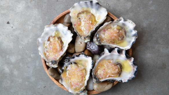 Shoalhaven Heads oysters with fingerlime mignonette.