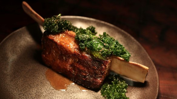 Go-to dish: Braised beef short rib, kale and mushroom.