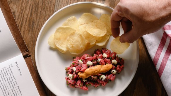 At The Rover, lobes of roe are draped over a mound of finely chopped steak tartare.