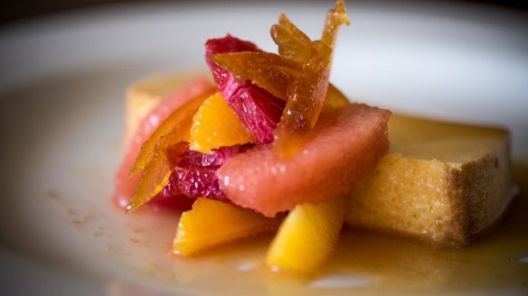 Baked shochu and yuzu custard with citrus salad. 