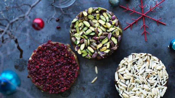 Decorate the Turkish delight rounds with nuts and dried fruit.