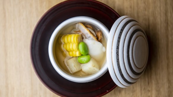 Chawanmushi with dried scallop, sweet corn, lily flower root, potato and edamame.