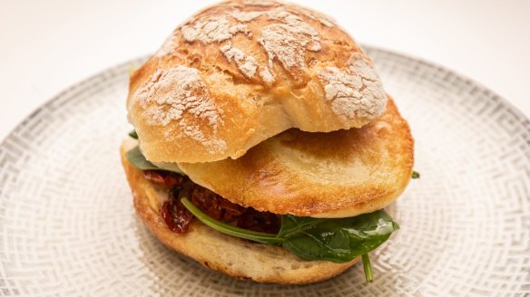 The "Helen" panino filled with caciocavallo (aged mozzarella), semi-dried tomatoes and spinach.
