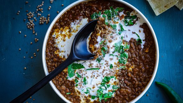 Spices are tempered in oil to build flavour for Katrina Meynink's coriander, coconut and lentil curry (