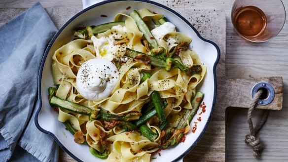 Blistered zucchini pasta with garlic and burrata. 