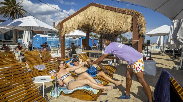 The Exchange Beach Club, a pop-up restaurant on the sand at Port Melbourne Dog Beach.