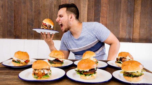 Soul Burger owner Amit Tewari with a selection of vegan plant-based burgers.