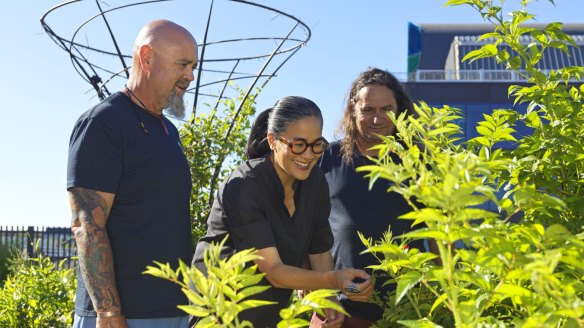 From left, Christian Hampson, Kylie Kwong and Clarence Slockee at Yerrabingin Indigenous food farm.