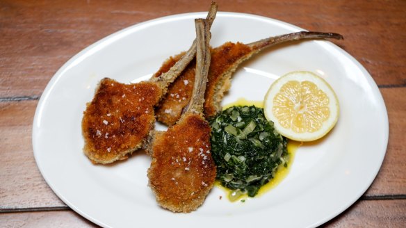 Crumbed lamb cutlets, silverbeet. 