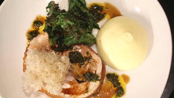 Roast pork belly, cavolo nero, white coral mushrooms and potato puree.